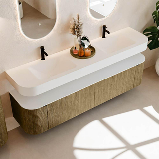 MONDIAZ THOR Meuble de salle de bains - 190cm - arrondi gauche + droite - couleur Dusk - 2 tiroirs et 2 portes - Lavabo suspendu CLOUD Double 2 trous de robinet - couleur Talc