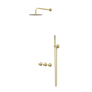 IVY Bond Ensemble de douche pluie - encastrable - symétrie - 2 robinets d'arrêt - bras mural 40 cm - pomme de douche medium 20 cm - barre curseur avec sortie - flexible de douche 150 cm - douchette stick - Or brossé mat PVD