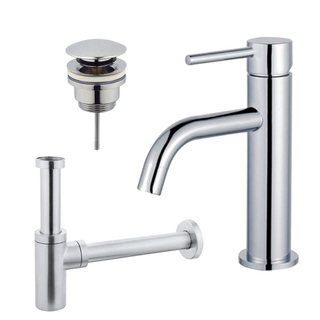 FortiFura Calvi Slim Kit mitigeur lavabo - robinet bas - bonde clic clac - siphon design - Chrome brillant