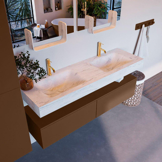 Mondiaz ALAN-DLUX Ensemble de meuble - 150cm - meuble Rust mat - 2 tiroirs - Lavabo Cloud Opalo suspendu - vasque Gauche et droite - 2 trous de robinet