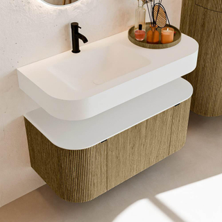 MONDIAZ THOR Meuble de salle de bains 100cm arrondi gauche + droite couleur Dusk avec 1 tiroir et 2 portes. Vasque suspendue CLOUD Gauche 1 trou de robinet couleur Talc.