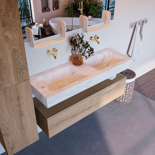 MONDIAZ ALAN - DLUX Badkamermeubelset - 130cm - onderkast - Washed Oak - 1 lade - vrijhangende wastafel - 2 wasbakken - 0 kraangaten - Opalo