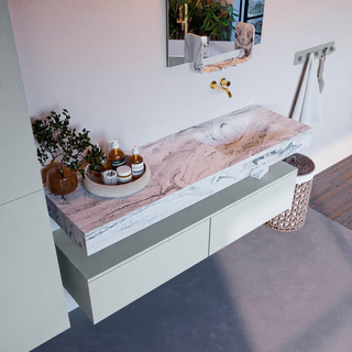 Mondiaz ALAN-DLUX Ensemble de meuble - 150cm - meuble Clay mat - 2 tiroirs - Lavabo Cloud Glace suspendu - vasque Droite - 0 trous de robinet