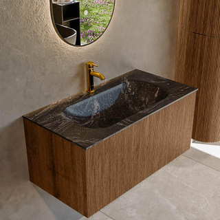 MONDIAZ KURVE-DLUX 90cm Meuble salle de bain - couleur Walnut - 1 tiroir - vasque BIG SMALL centre - 1 trou de robinet - couleur Lava