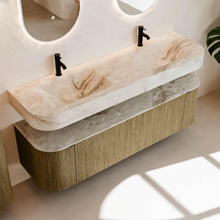 MONDIAZ THOR-DLUX 160cm meuble de salle de bains arrondi gauche + droite couleur Dusk avec 1 tiroir et 2 portes. Vasque suspendue CLOUD Double 2 trous de robinet couleur Frappe.