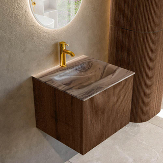 MONDIAZ KURVE-DLUX 50cm badmeubel kleur Walnut met 1 lade en 0 deuren. Wastafel GRUNNE Midden 1 kraangat Sombra.