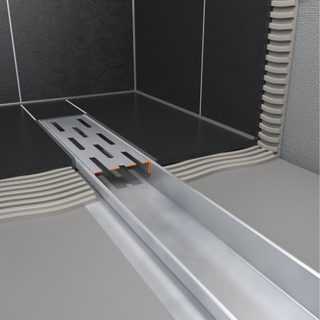 Easy Drain Compact 50 caniveau de douche inox avec plaque simple inox, flasque inox standard, siphon 50mm, 90cm, profondeur d'encastrement 83mm avec sortie latérale.