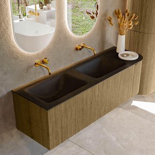 Ensemble de meuble de salle de bain Mondiaz KURVE - 145x46x40cm - 1 tiroir - 1 porte - lavabo en solid surface - double / gauche - sans trou de robinet - Dusk