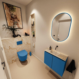 MONDIAZ TURE-DLUX Meuble toilette - 60cm - Jeans - EDEN - vasque Frappe - position centrale - sans trou de robinet