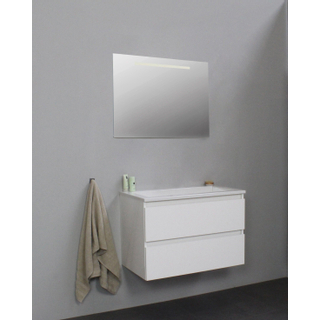 Basic Bella Meuble salle de bains avec lavabo acrylique Blanc 80x55x46cm sans trous de robinet avec miroir et éclairage Blanc brillant