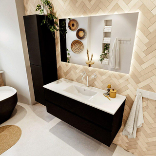 MONDIAZ VICA meuble sous lavabo 120cm Urban 2 tiroirs. Lavabo DENIA centre 1 trou de robinet, couleur Blanc Brillant.