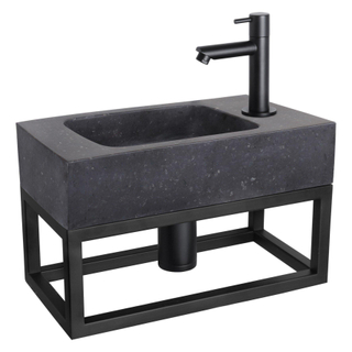 Differnz Force Set lave-mains 40x22x8cm 1 trou avec robinet droit et siphon + bonde noir mat Rectangulaire Pierre naturelle Noir