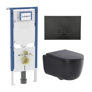 QeramiQ Dely Swirl Toiletset - 36.3x51.7cm - Geberit UP720 Duofix Sigma inbouwreservoir - 35mm zitting - mat zwarte metalen bedieningsplaat - ronde knoppen - mat zwart