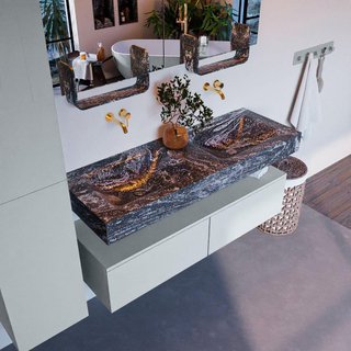 Mondiaz ALAN-DLUX Ensemble de meuble - 130cm - meuble Clay mat - 2 tiroirs - Lavabo Cloud Lava suspendu - vasque Gauche et droite - 0 trous de robinet