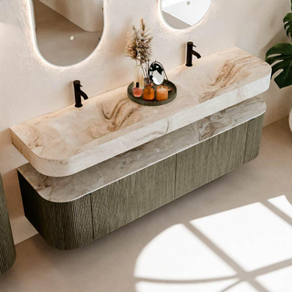 MONDIAZ THOR-DLUX 180cm meuble de salle de bains arrondi gauche + droite couleur Shadow avec 2 tiroirs et 2 portes. Vasque suspendue CLOUD Double 2 trous de robinet couleur Frappe.