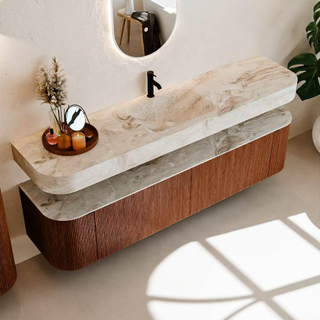 MONDIAZ THOR-DLUX 190cm meuble de salle de bains arrondi gauche + droite couleur Ruby avec 2 tiroirs et 2 portes. Vasque suspendue CLOUD Milieu 1 trou de robinet couleur Frappe.