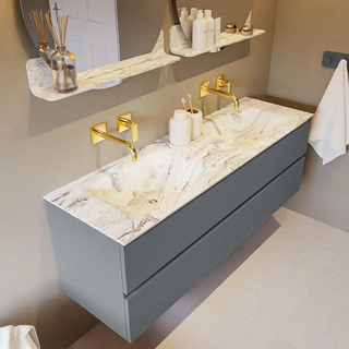 Mondiaz VICA-DLUX ensemble de meuble de salle de bain - 150cm - meuble sous-vasque plata - 2 tiroirs - lavabo encastrée cloud double - sans trous de robinet - version haute de 60cm - glace