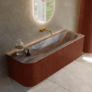 MONDIAZ KURVE-DLUX 135cm badmeubel ronding Links kleur Ruby met 1 lade en 1 deur. Wastafel BIG MEDIUM Rechts zonder kraangat Oza.