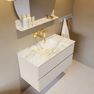 Mondiaz VICA-DLUX Ensemble de meuble de salle de bain - 90cm - meuble sous-vasque lin - 2 tiroirs - lavabo encastrée nuage milieu - sans trous de robinet - version haute de 60cm - glace