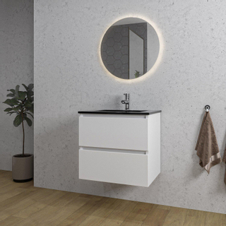 Adema Chaci Ensemble de meuble - 60x46x57cm - 1 vasque en céramique noire - 1 trou de robinet - 2 tiroirs - miroir rond avec éclairage - blanc mat