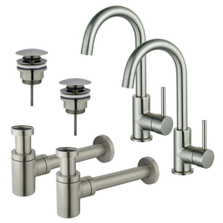 FugaFlow Eccelente Sobrado Kit robinet lavabo - pour double vasque - robinet haut - bec rotatif - bonde clic clac - siphon design bas - Inox brossé PVD