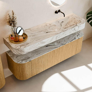 MONDIAZ THOR-DLUX 160cm badmeubel ronding links + rechts kleur Oak met 1 lade en 2 deuren. Vrijhangende wastafel CLOUD Rechts zonder kraangat kleur Glace.