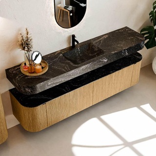 MONDIAZ THOR-DLUX Meuble de salle de bains 190cm arrondi gauche + droite couleur Oak avec 2 tiroirs et 2 portes. Vasque suspendue CLOUD Milieu 1 trou de robinet couleur Lava.