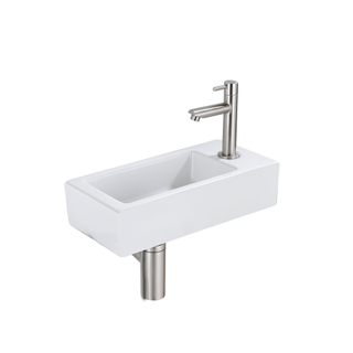 QeramiQ Fuente Fonteinset - 37.5x18.5x9cm - keramiek - kraangat rechts - fonteinkraan geborsteld RVS - afvoerplug - verlaagd sifon - Mat wit