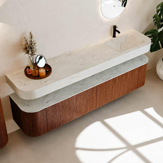 MONDIAZ THOR-DLUX 200cm meuble de salle de bains arrondi gauche + droite couleur Ruby avec 2 tiroirs et 2 portes. Vasque suspendue CLOUD Droite 1 trou de robinet couleur Opalo.