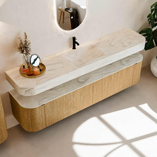 MONDIAZ THOR-DLUX 200cm meuble de salle de bains arrondi gauche + droite couleur Oak avec 2 tiroirs et 2 portes. Vasque suspendue CLOUD Milieu 1 trou de robinet couleur Ostra.