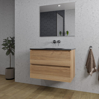 Adema Chaci Ensemble de meuble salle de bain - 80x46x55cm - 1 lavabo en céramique noir - sans trou de robinet - 2 tiroirs - miroir rectangulaire - chêne