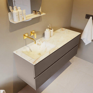 Mondiaz VICA-DLUX ensemble de meuble de salle de bain - 130cm - meuble sous-vasque fumée - 2 tiroirs - lavabo encastré nuage gauche - sans trous de robinet - version haute 60cm - frape