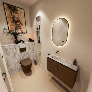 MONDIAZ TURE-DLUX Meuble toilette - 80cm - Rust - EDEN - vasque Glace - position gauche - sans trou de robinet