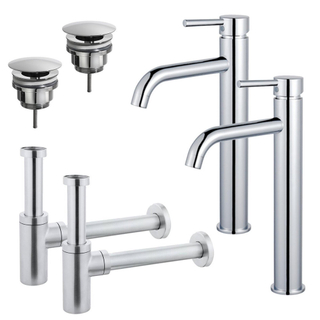 FugaFlow Eccelente Sobrado Kit robinet lavabo - pour double vasque - robinet rehaussé - bonde non-obturable - siphon design - Chrome brillant