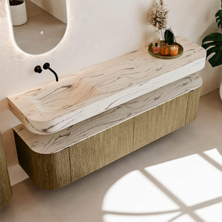 MONDIAZ THOR-DLUX 180cm badmeubel ronding links + rechts kleur Dusk met 2 lades en 2 deuren. Vrijhangende wastafel CLOUD Links zonder kraangat kleur Nata.