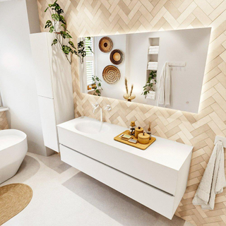 MONDIAZ VICA meuble sous lavabo 150cm Talc 2 tiroirs. Lavabo MOON gauche 1 trou de robinet, couleur Talc.