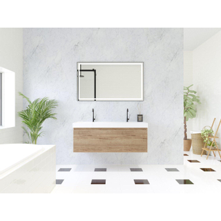 HR Matrix ensemble meuble de salle de bain 3d 120cm 1 tiroir sans poignée avec bandeau en couleur chêne français avec vasque juste 2 trous de robinetterie blanc