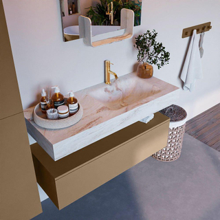 Mondiaz ALAN-DLUX Ensemble de meuble - 110cm - meuble Oro mat - 1 tiroir - Lavabo Cloud Frappe suspendu - vasque Droite - 1 trou de robinet