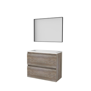 Basic-Line ensemble de meubles de salle de bains encadré 39 80x39cm sans poignée 2 tiroirs lavabo acrylique 0 trous de robinetterie miroir cadre aluminium noir mat tout autour mfc scotch oak