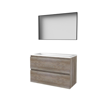 Basic-Line Framed 46 badkamermeubelset - 100x46cm - greeploos - 2 lades - acryl wastafel - 1 kraangat - Spiegel - mat zwart aluminium frame - rondom - MFC Scotch Oak