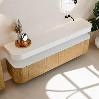 MONDIAZ THOR 200cm meuble de salle de bains arrondi gauche + droite couleur Oak avec 2 tiroirs et 2 portes. Vasque suspendue CLOUD Droite sans trou de robinet couleur Talc.