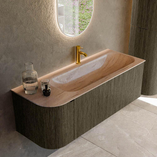 MONDIAZ KURVE-DLUX 125cm badmeubel ronding Links kleur Shadow met 1 lade en 1 deur. Wastafel BIG MEDIUM Rechts 1 kraangat Saba.