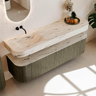 MONDIAZ THOR-DLUX 170cm meuble de salle de bains arrondi gauche + droite couleur Shadow avec 1 tiroir et 2 portes. Vasque suspendue CLOUD Gauche sans trou de robinet couleur Nata.