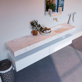 Mondiaz ALAN-DLUX Ensemble de meuble - 200cm - meuble Talc mat - 2 tiroirs - Lavabo Cloud Ostra suspendu - vasque Droite - 0 trous de robinet