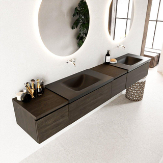 MONDIAZ BUKLA 240cm badmeubel met module 40 rechts kleur Dark Brown met 4 lades. Wastafel CLOUD dubbel 0 kraangaten kleur Urban.