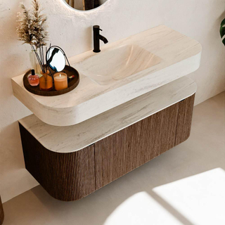 MONDIAZ THOR-DLUX 120cm badmeubel ronding links + rechts kleur Walnut met 1 lade en 2 deuren. Vrijhangende wastafel CLOUD Midden 1 kraangat kleur Meli.