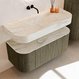 MONDIAZ THOR-DLUX 110cm meuble de salle de bains arrondi gauche + droite couleur Shadow avec 1 tiroir et 2 portes. Vasque suspendue CLOUD Milieu sans trou de robinet couleur Ostra.