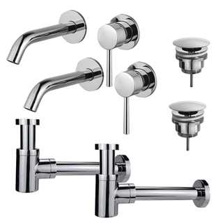 FugaFlow Eccelente Sobrado Slim Kit robinet lavabo - pour double vasque - robinet rehaussé - bonde non-obturable - siphon design bas - Chrome brillant