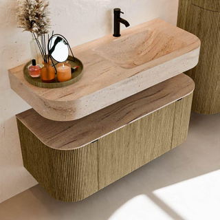 MONDIAZ THOR-DLUX 110cm meuble de salle de bains arrondi gauche + droite couleur Dusk avec 1 tiroir et 2 portes. Vasque suspendue CLOUD Droite 1 trou de robinet couleur Saba.