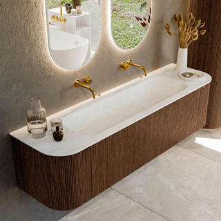 MONDIAZ KURVE-DLUX 170cm Meuble salle de bain avec module 25 G et D - couleur Walnut - 1 tiroir - 2 portes - vasque BIG LARGE centre - sans trou de robinet - couleur Opalo